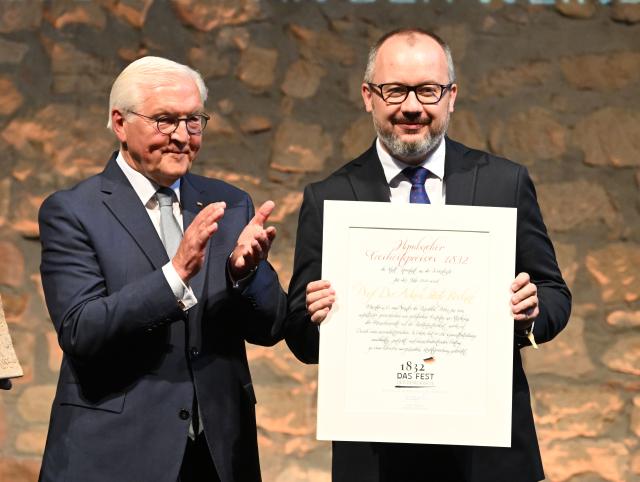 29 May 2026, Rhineland-Palatinate, Neustadt an der Weinstrasse: Former Polish Minister of Justice Adam Bodnar (R) receives this year's 1832 Hambach Freedom Prize at Hambach Castle from German President Frank-Walter Steinmeier. Photo: Uli Deck/dpa