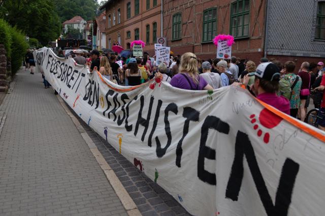 29 May 2026, Thuringia, Eisenach: Counter-demonstrators protest against the German Fraternity's "Burschentag" under the slogan "Turn the Burschentag into a disaster" on the German Fraternity Day. Photo: Michael Reichel/dpa