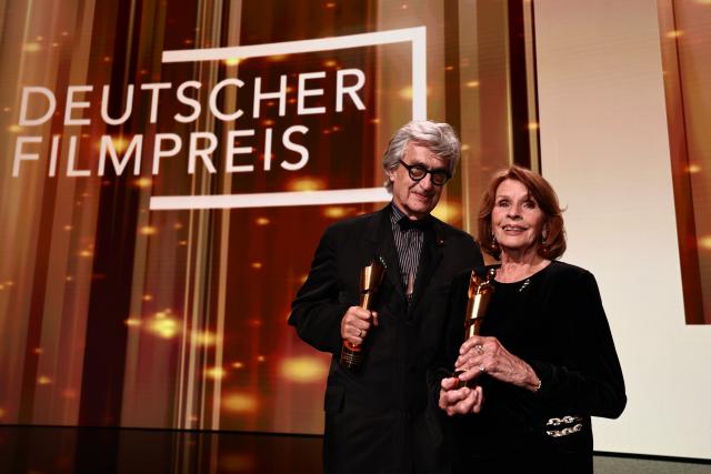 29 May 2026, Berlin: Director Wim Wenders and actress Senta Berger pose on stage during the German Film Awards in Berlin. Wenders received the Honorary German Film Award, while Berger was honored as Best Actress in a Leading Role. Photo: Christoph Soeder/dpa