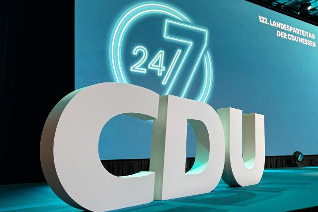 30 May 2026, Hesse, Rotenburg an der Fulda: The logo of the Christian Democratic Union is displayed during the Hessian CDU state party conference in Frankfurt, western Germany. The regional meeting focuses on the election of a new state executive committee. Photo: Michael Bauer/dpa