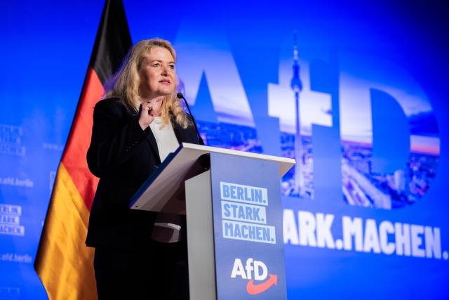 30 May 2026, Brandenburg, Brandenburg an der Havel: Alternative for Germany (AfD) Berlin state chairwoman Kristin Brinker speaks during the party's regional conference at the Stahlpalast in Brandenburg an der Havel, Germany. Delegates gathered at the venue to vote on the party's election manifesto ahead of the upcoming Berlin state elections. Photo: Christoph Soeder/dpa