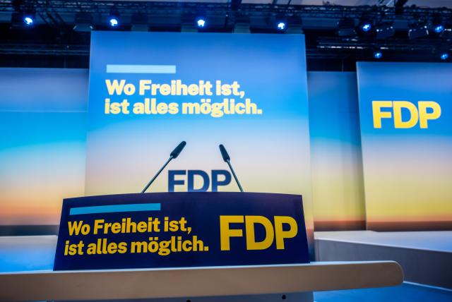 30 May 2026, Berlin: A lectern displaying the slogan "Where there is freedom, anything is possible" is pictured during the Free Democratic Party (FDP) federal convention in Berlin. Photo: Michael Kappeler/dpa