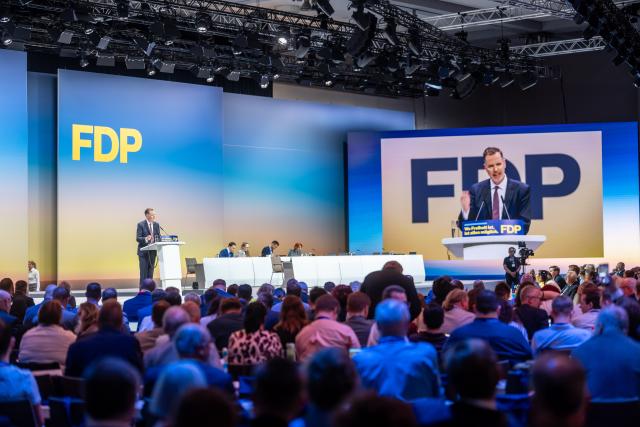 30 May 2026, Berlin: Outgoing Free Democratic Party (FDP) chairman Christian Duerr speaks during the liberal party's federal convention in Berlin. Photo: Michael Kappeler/dpa
