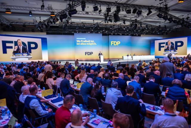 30 May 2026, Berlin: Outgoing Free Democratic Party (FDP) chairman Christian Duerr speaks during the liberal party's federal convention in Berlin. Photo: Michael Kappeler/dpa