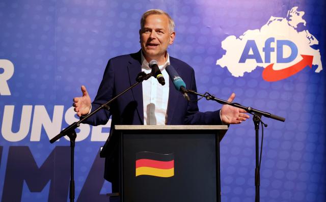 30 May 2026, Mecklenburg-Western Pomerania, Grimmen: Alternative for Germany (AfD) Mecklenburg-Vorpommern state chairman Leif-Erik Holm speaks during the party's regional conference in Güstrow, northeastern Germany. Delegates gathered at the convention to vote on their election manifesto and select a new general secretary for the upcoming state elections. Photo: Bernd Wüstneck/dpa