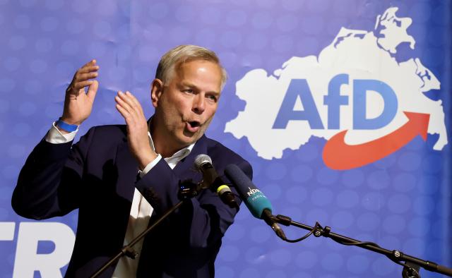 30 May 2026, Mecklenburg-Western Pomerania, Grimmen: Alternative for Germany (AfD) Mecklenburg-Vorpommern state chairman Leif-Erik Holm speaks during the party's regional conference in Güstrow, northeastern Germany. Delegates gathered at the convention to vote on their election manifesto and select a new general secretary for the upcoming state elections. Photo: Bernd Wüstneck/dpa