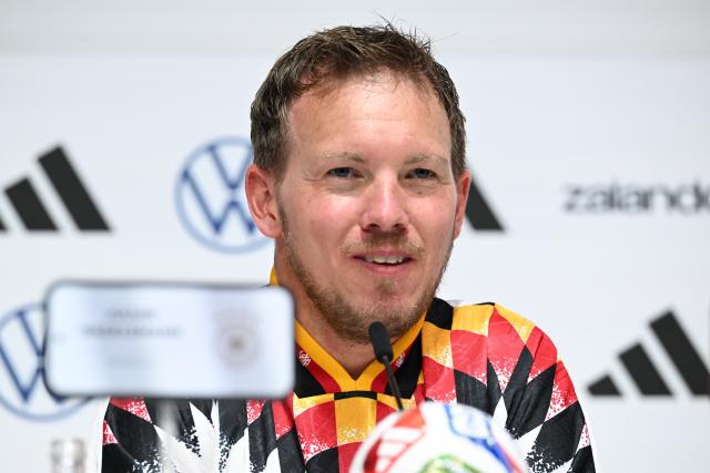 30 May 2026, Bavaria, Herzogenaurach: Germany head coach Julian Nagelsmann speaks during a press conference ahead of Sunday's international friendly against Finland. Photo: Federico Gambarini/dpa - IMPORTANT NOTE: In accordance with the regulations of the DFL German Football League and the DFB German Football Association, it is prohibited to utilize or have utilized photographs taken in the stadium and/or of the match in the form of sequential images and/or video-like photo series.