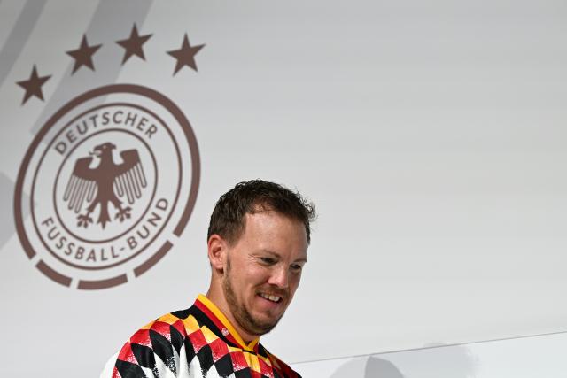 30 May 2026, Bavaria, Herzogenaurach: Germany head coach Julian Nagelsmann arrives for a press conference ahead of Sunday's international friendly against Finland. Photo: Federico Gambarini/dpa - IMPORTANT NOTE: In accordance with the regulations of the DFL German Football League and the DFB German Football Association, it is prohibited to utilize or have utilized photographs taken in the stadium and/or of the match in the form of sequential images and/or video-like photo series.