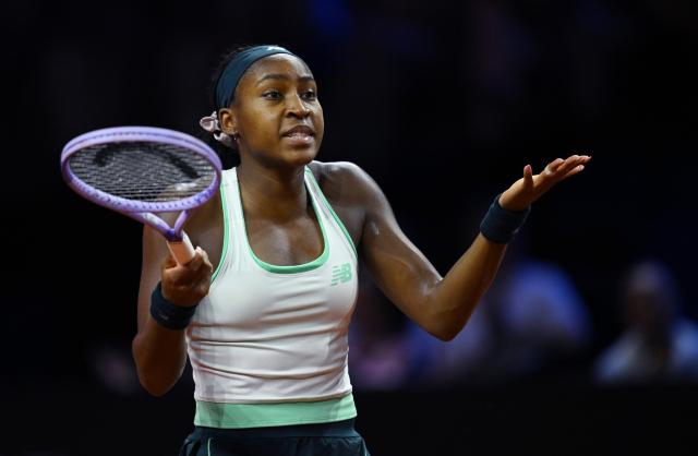FILED - 17 April 2026, Baden-Wuerttemberg, Stuttgart: FILE PHOTO - 
US tennis player Coco Gauff reacts during her women's singles quarterfinal match of the Stuttgart Open tennis tournament, against Czech Republic's Karolina Muchova. Photo: Marijan Murat/dpa