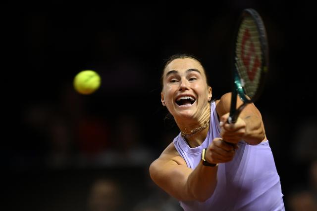 FILED - 21 April 2025, Baden-Württemberg, Stuttgart: FILE PHOTO - Belarusian tennis player Aryna Sabalenka in action against Latvia's Jelena Ostapenko during their singles final match of the Women's Stuttgart Open tennis tournament. Photo: Marijan Murat/dpa