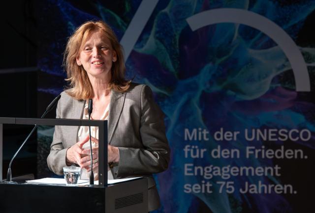 02 June 2026, Berlin: German Minister for Education, Family Affairs, Senior Citizens, Women, and Youth Karin Prien  speaks at the James Simon Gallery during the commemorative event "With UNESCO for Peace: 75 Years of Commitment". Germany became a member of UNESCO 75 years ago. Photo: Soeren Stache/dpa
