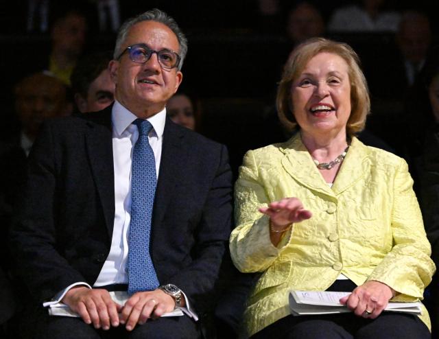 02 June 2026, Berlin: UNESCO Director-General Khaled El-Enany (L) and President of the German Commission for UNESCO Maria Boehmer sits at the James Simon Gallery before the start of the commemorative event "With UNESCO for Peace: 75 Years of Commitment". Germany became a member of UNESCO 75 years ago. Photo: Soeren Stache/dpa