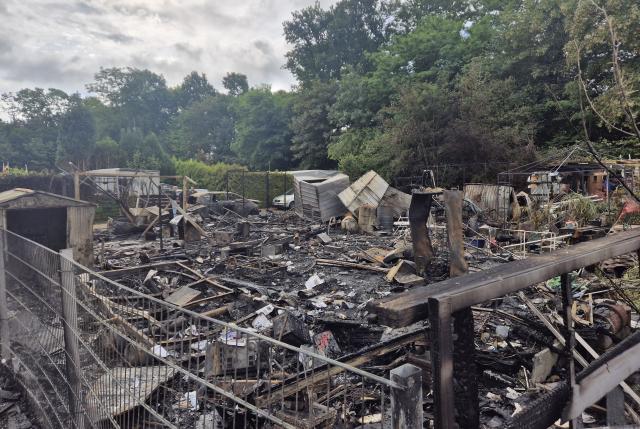 03 June 2026, North Rhine-Westphalia, Niederkrüchten: A view shows the charred plot of a campsite near Oberhof, following a massive overnight fire. The late-evening blaze destroyed multiple caravans and wooden cabins before more than 100 firefighters brought it under control. Photo: --/dpa