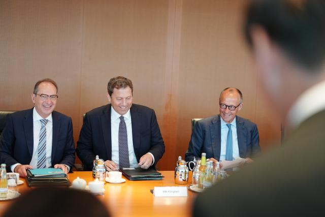 03 June 2026, Berlin: German Chancellor Friedrich Merz , Lars Klingbeil, German Minister of Finance, Vice-Chancellor, and Alexander Dobrindt, German Minister of the Interior, take part German Cabinet meeting at the German Chancellery. Photo: Kay Nietfeld/dpa