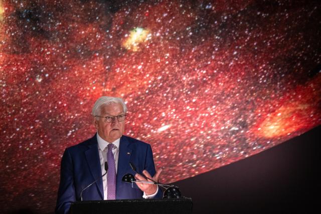 03 June 2026, Saarland, Blieskastel: German President Frank-Walter Steinmeier addresses 120 international delegates at the Voelklingen Ironworks UNESCO World Heritage Site in Voelklingen, Germany. Photo: Harald Tittel/dpa