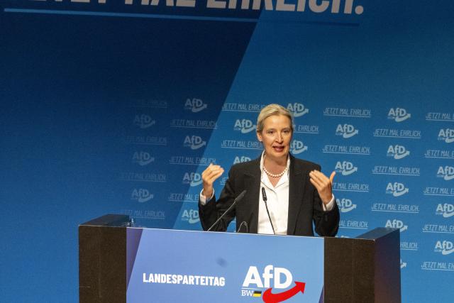 06 June 2026, Baden-Württemberg, Heidenheim: Alice Weidel, Federal Chairwoman of the Alternative for Germany (AfD), speaks during the AfD state party conference in the Congress Centrum. Photo: Stefan Puchner/dpa