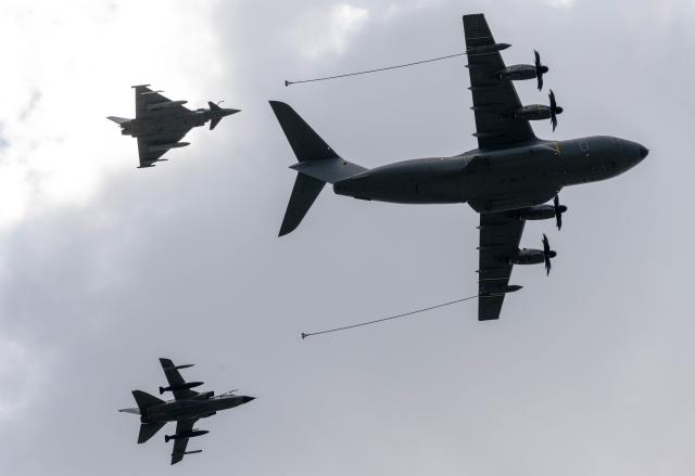 06 June 2026, Mecklenburg-Western Pomerania, Laage: A Eurofighter, a Tornado, and an Airbus A400M from the German Air Force fly over Laage Air Base, home to Tactical Air Force Wing 73 "Steinhoff," during Bundeswehr Day. Photo: Stefan Sauer/dpa
