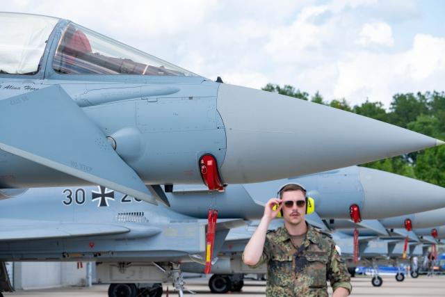 06 June 2026, Mecklenburg-Western Pomerania, Laage: German Air Force Eurofighters are on display at the Bundeswehr Day event at Laage Air Base, home to Tactical Air Force Wing 73 "Steinhoff." Photo: Stefan Sauer/dpa
