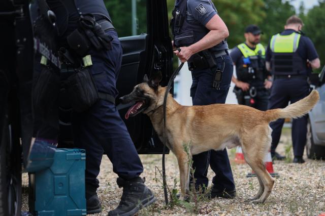 08 June 2026, North Rhine-Westphalia, Selfkant: A police dog is being deployed during a checkpoint operation in the border region near the Netherlands as part of a cross-border police operation. Photo: Rolf Vennenbernd/dpa