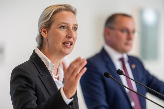 09 June 2026, Berlin: Alice Weidel (L), chairwoman and parliamentary group leader of the Alternative for Germany (AfD), speaks alongside Tino Chrupalla, chairman and parliamentary group leader of the AfD in the Bundestag, during a press briefing before the start of the AfD parliamentary group meeting in the German Bundestag. Photo: Michael Kappeler/dpa