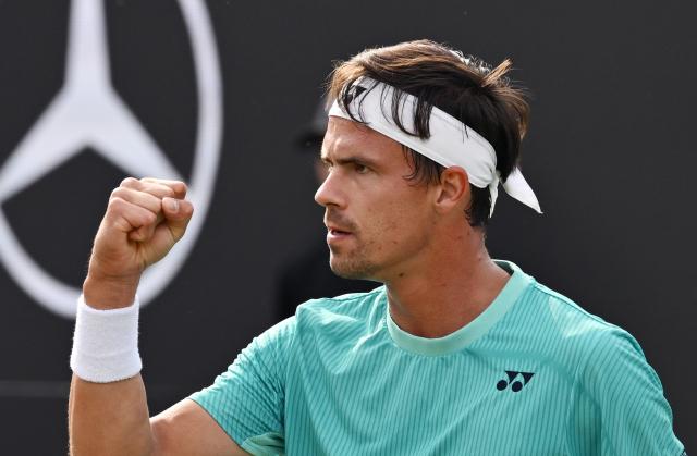 09 June 2026, Baden-Wuerttemberg, Stuttgart: German tennis player Daniel Altmaier celebrates a point against US' Frances Tiafoe during their men's singles round of 32 match at the Stuttgart Open tennis tournament. Photo: Marijan Murat/dpa