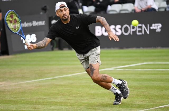 09 June 2026, Baden-Wuerttemberg, Stuttgart: Australian tennis player Nick Kyrgios in action against France's Corentin Moutet during their men's singles round of 32 match at the Stuttgart Open tennis tournament. Photo: Marijan Murat/dpa