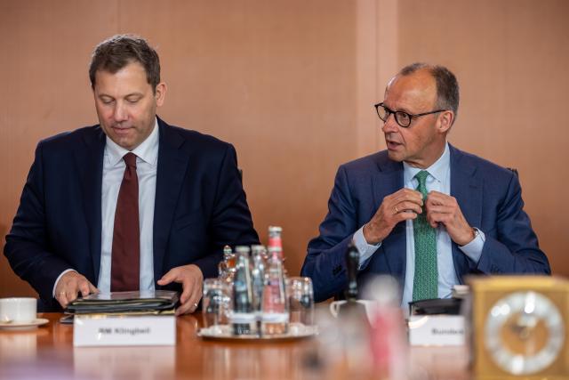 10 June 2026, Berlin: German Government Chancellor Friedrich Merz (R) sits next to Vice Chancellor and German Minister of Finance Lars Klingbeil prior to the start of a weekly Federal Cabinet meeting. The coalition leaders met to discuss domestic fiscal initiatives and strategic economic reforms amid ongoing budget planning. Photo: Michael Kappeler/dpa