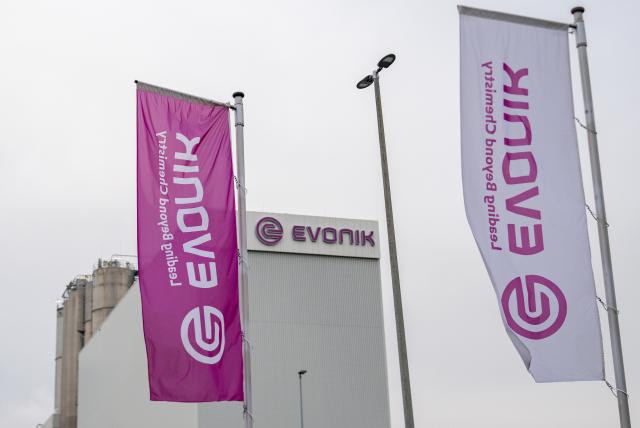 FILED - 13 December 2024, North Rhine-Westphalia, Wesseling: The logo of the Evonik chemical group at the Wesseling site. Photo: Benjamin Westhoff/dpa