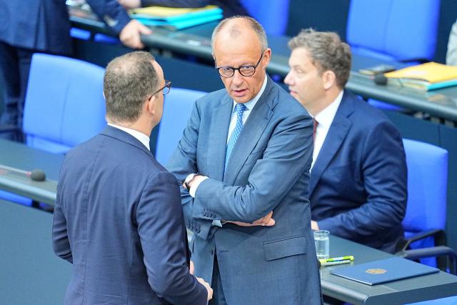 11 June 2026, Berlin: German Chancellor Friedrich Merz (C) speaks in the plenary chamber of the Bundestag ahead of the government's policy statement. Photo: Michael Kappeler/dpa