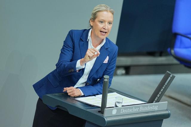 11 June 2026, Berlin: Alice Weidel, federal chairwoman and parliamentary group leader of the Alternative for Germany (AfD), speaks in the plenary chamber of the Bundestag ahead of the government's policy statement. Photo: Michael Kappeler/dpa