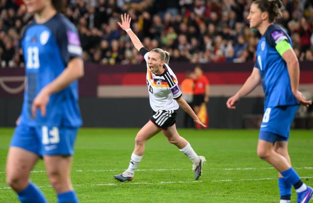 FILED - 03 March 2026, Saxony, Dresden: FILE PHOTO - Germany's Elisa Senss celebrates scoring her side's second goal during the 2027 FIFA Women's World Cup qualifying soccer match between Germany and Slovenia  at the Rudolf-Harbig-Stadion. Elisa Senss has joined Real Madrid from Eintracht Frankfurt, the Spanish club said on Thursday. Photo: Robert Michael/dpa