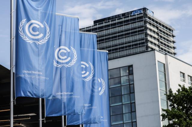 FILED - 25 June 2025, North Rhine-Westphalia, Cologne: FILE PHOTO - Flags of the United Nations Climate Change Conference fly in front of the Climate Secretariat in Bonn. Photo: Oliver Berg/dpa