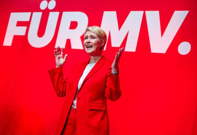 13 June 2026, Mecklenburg-Western Pomerania, Wismar: Manuela Schwesig, Minister-President and state chair of the SPD in Mecklenburg-Western Pomerania, stands on stage at the SPD state delegates' convention after being elected as the party's top candidate. On the agenda are the nomination of Schwesig as the party's top candidate for the state election, the selection of the state party list, and the adoption of the election platform. Photo: Jens Büttner/dpa