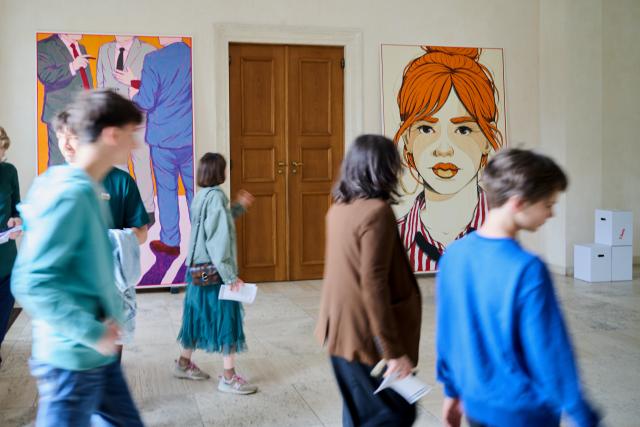 13 June 2026, Berlin: Artworks by El Bocho, titled "The Elders" (L) and "The Federal President" (both 2026), are exhibited at Bellevue Palace in Berlin, Germany. The official residence of German Federal President Frank-Walter Steinmeier is hosting a pop-up gallery from June 13-28 before closing for a multi-year renovation. Photo: Annette Riedl/dpa