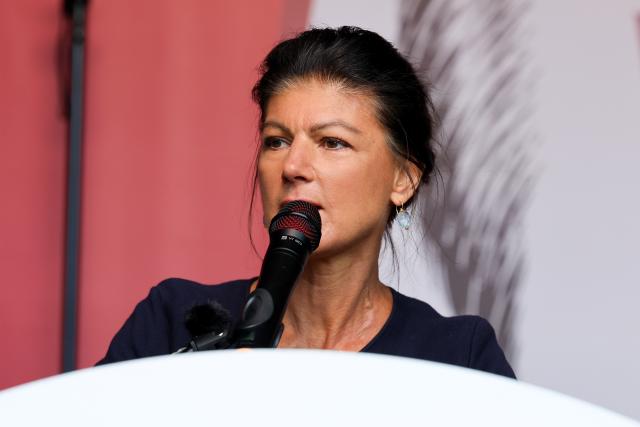 13 June 2026, Saxony-Anhalt, Magdeburg: Sahra Wagenknecht, party founder of BSW, addresses participants at a BSW rally held under the slogan "Merz must go! Against energy rip-offs and the economic crisis" on the station square in the state capital. Photo: Peter Gercke/dpa