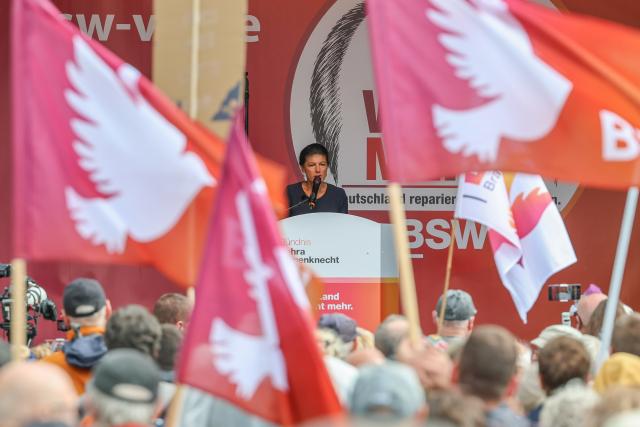 13 June 2026, Saxony-Anhalt, Magdeburg: Sahra Wagenknecht, party founder of BSW, addresses participants at a BSW rally held under the slogan "Merz must go! Against energy rip-offs and the economic crisis" on the station square in the state capital. Photo: Peter Gercke/dpa