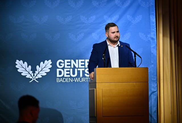 14 June 2026, Donzdorf: The newly elected chairman, Benjamin Goetz, speaks during the founding event of the Alternative for Germany (AfD) youth organization, Generation Deutschland (GD). Photo: Jan-Philipp Strobel/dpa