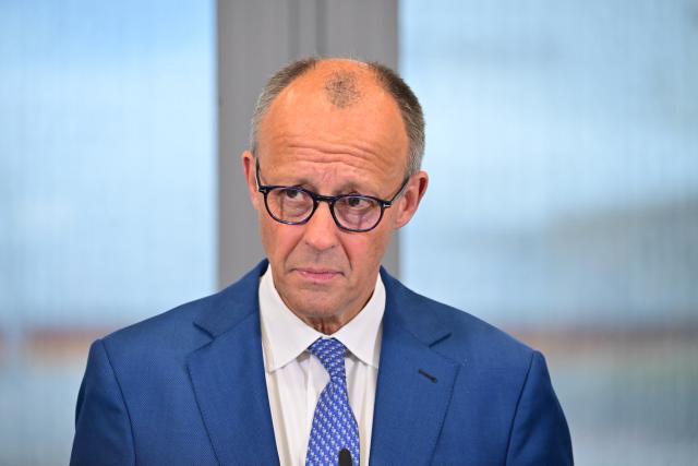 15 June 2026, Brandenburg, Schoenefeld: German Chancellor Friedrich Merz makes a statement at the military section of Berlin Brandenburg Airport ahead of his departure for the G7 summit in Evian, France. Photo: Sebastian Gollnow/dpa