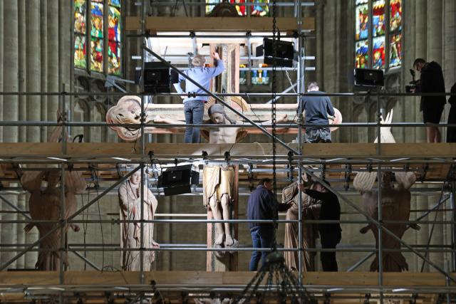 16 June 2026, Saxony-Anhalt, Halberstadt: A view of the triumphal crucifix group in Halberstadt Cathedral (St. Sixtus and St. Stephen). Cleaning and conservation work will now be carried out on the significant work of art over the course of two weeks. The central artwork dates back to around 1210/15 and was part of the furnishings of the Romanesque predecessor cathedral, which was consecrated in 1220. Photo: Matthias Bein/dpa