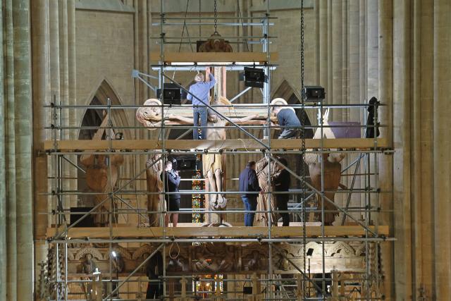 16 June 2026, Saxony-Anhalt, Halberstadt: A view of the triumphal crucifix group in Halberstadt Cathedral (St. Sixtus and St. Stephen). Cleaning and conservation work will now be carried out on the significant work of art over the course of two weeks. The central artwork dates back to around 1210/15 and was part of the furnishings of the Romanesque predecessor cathedral, which was consecrated in 1220. Photo: Matthias Bein/dpa