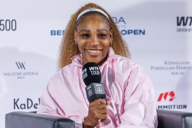 16 June 2026, Berlin: US tennis player Serena Williams speaks at a press conference after her women's doubles match with Czech Republic's Karolina Muchova against Mexico's Giuliana Olmos and New Zealand's Erin Routliffe on the German Open Tennis Tournament. Photo: Andreas Gora/dpa