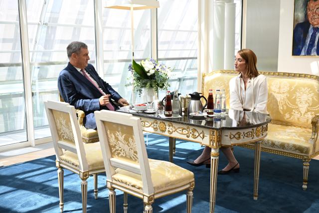 19 June 2026, Bavaria, Munich: President of the European Parliament Roberta Metsola (R) meets with Minister President of Bavaria Markus Soeder at the Bavarian State Chancellery.. Photo: Sven Hoppe/dpa