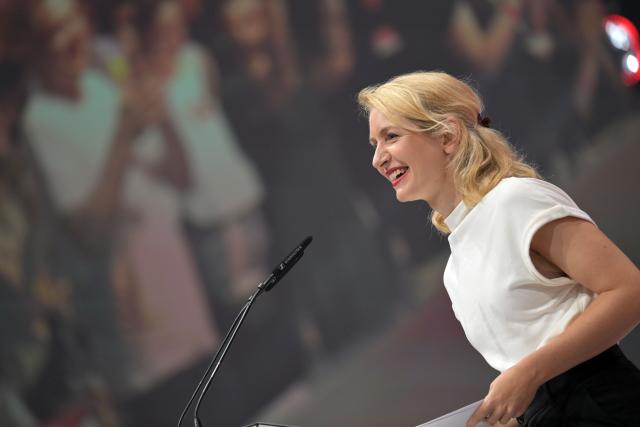 19 June 2026, Brandenburg, Potsdam: Chairwoman of the party Die Linke (The Left ) Ines Schwerdtner speaks at the party's national convention at the Metropolishalle in Potsdam. Photo: Michael Bahlo/dpa