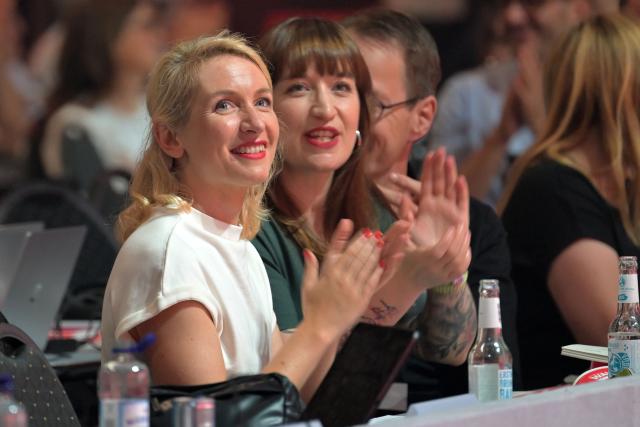 19 June 2026, Brandenburg, Potsdam: Chairwomen of the party Die Linke (The Left ) Ines Schwerdtner and and Heidi Reichinnek attend the party's national convention at the Metropolishalle in Potsdam. Photo: Michael Bahlo/dpa