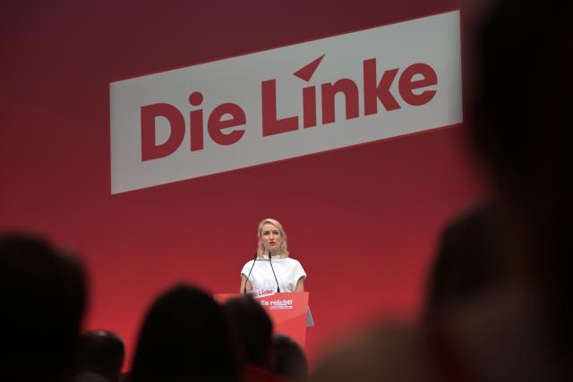 19 June 2026, Brandenburg, Potsdam: Chairwoman of the party Die Linke (The Left ) Ines Schwerdtner speaks at the party's national convention at the Metropolishalle in Potsdam. Photo: Michael Bahlo/dpa