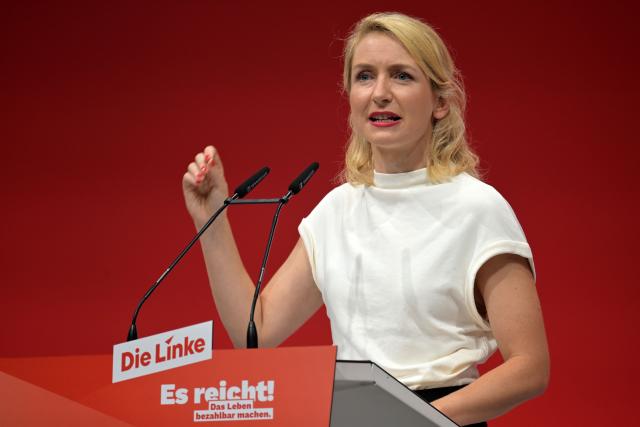 19 June 2026, Brandenburg, Potsdam: Chairwoman of the party Die Linke (The Left ) Ines Schwerdtner speaks at the party's national convention at the Metropolishalle in Potsdam. Photo: Michael Bahlo/dpa