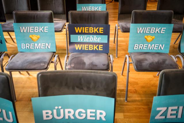 20 June 2026, Bremen: Signs bearing the name Wiebke are placed on chairs in the event hall ahead of the start of the Christian Democratic Union of Germany (CDU) state party convention in Bremen. Photo: Focke Strangmann/dpa