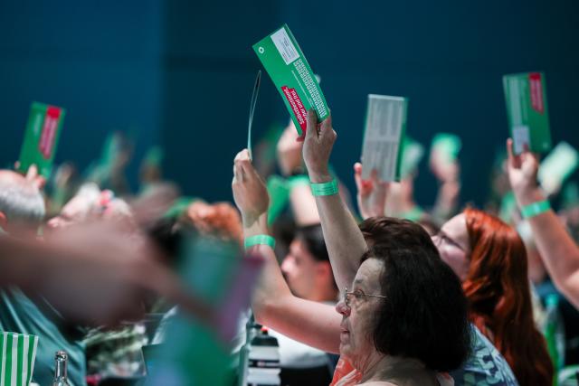 20 June 2026, North Rhine-Westphalia, Troisdorf: Delegates from Alliance 90/The Greens hold up their voting cards during a vote at the party's state convention. Photo: Christoph Reichwein/dpa