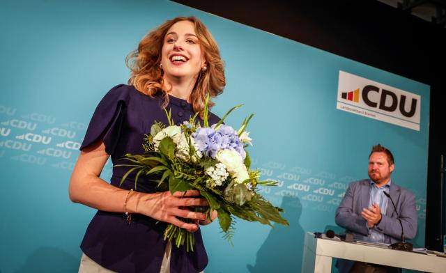 20 June 2026, Bremen: Wiebke Winter, the designated lead candidate for the Christian Democratic Union of Germany (CDU) state parliamentary election, celebrates after her election at the Bremen CDU state party convention. Photo: Focke Strangmann/dpa