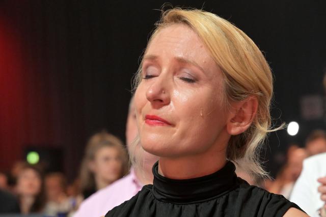 20 June 2026, Brandenburg, Potsdam: chairwoman of the Left Party Ines Schwerdtnerreacts as Jan van Aken was bid farewell at the Left Party's national convention in the Metropolis Halle in Potsdam. Photo: Michael Bahlo/dpa